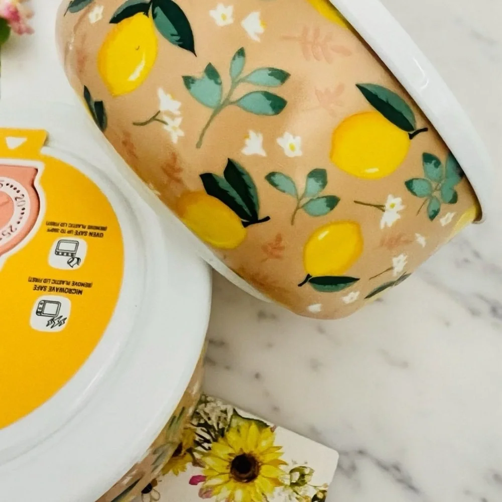 Set of TWO Ceramic Lemon Covered Soup Storage Bowls Farmhouse Cottagecore